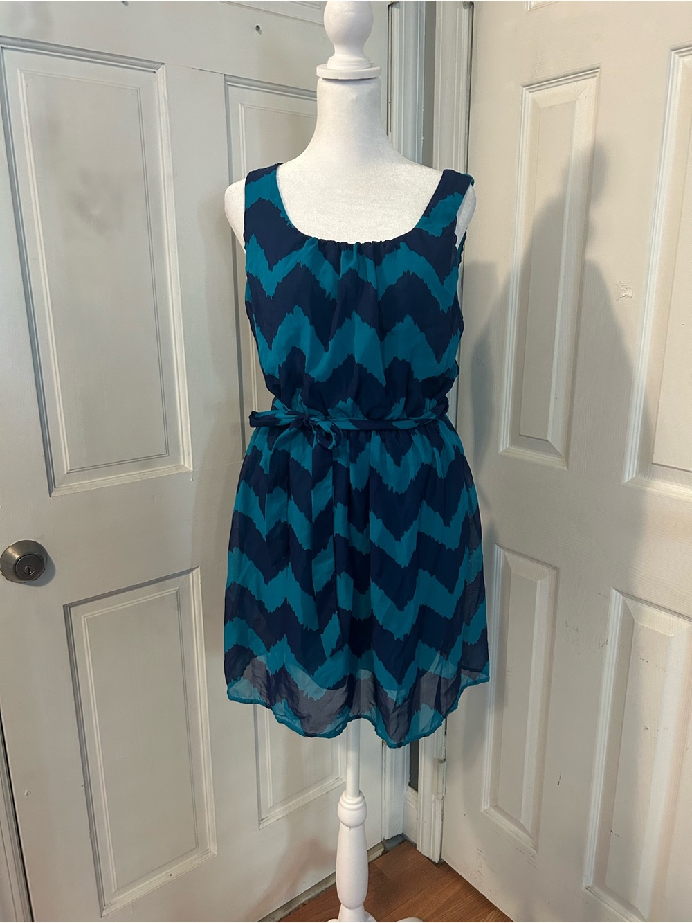 Lily Rose Teal and Navy Chevron Belted Dress